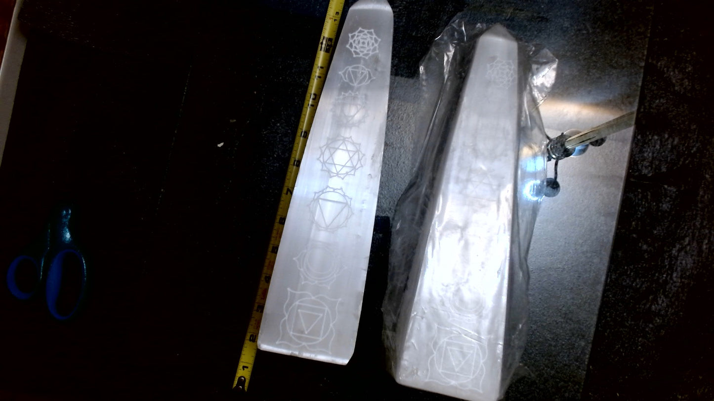 Selenite Obelisk W/Chakra Engravings